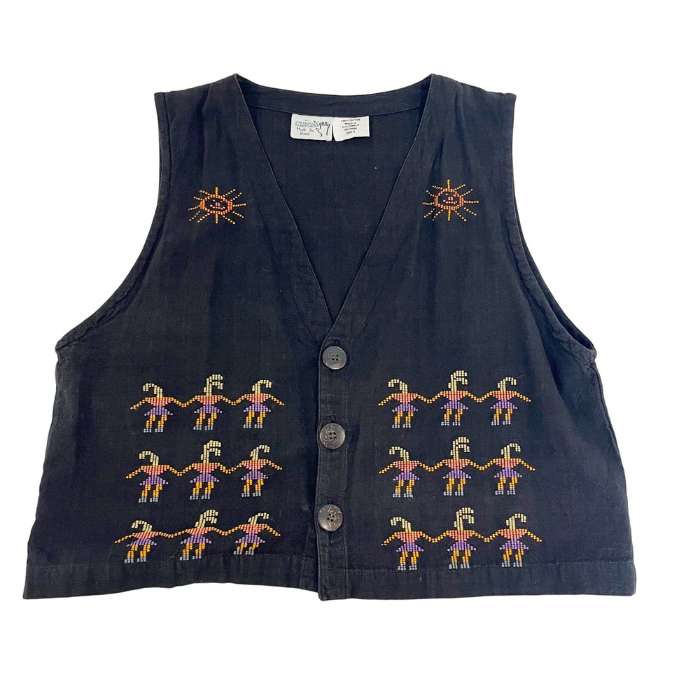 Vintage Chicos Hand Made Black Printed‎ Cotton Vest Wearable Art - Size 1, Small